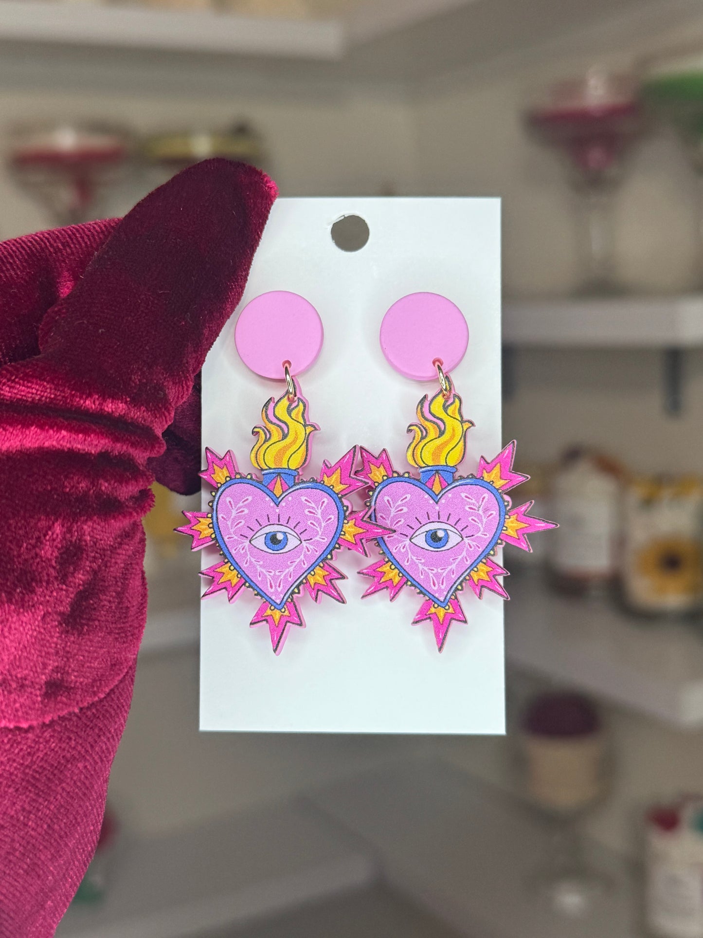 Pink heart eye earrings