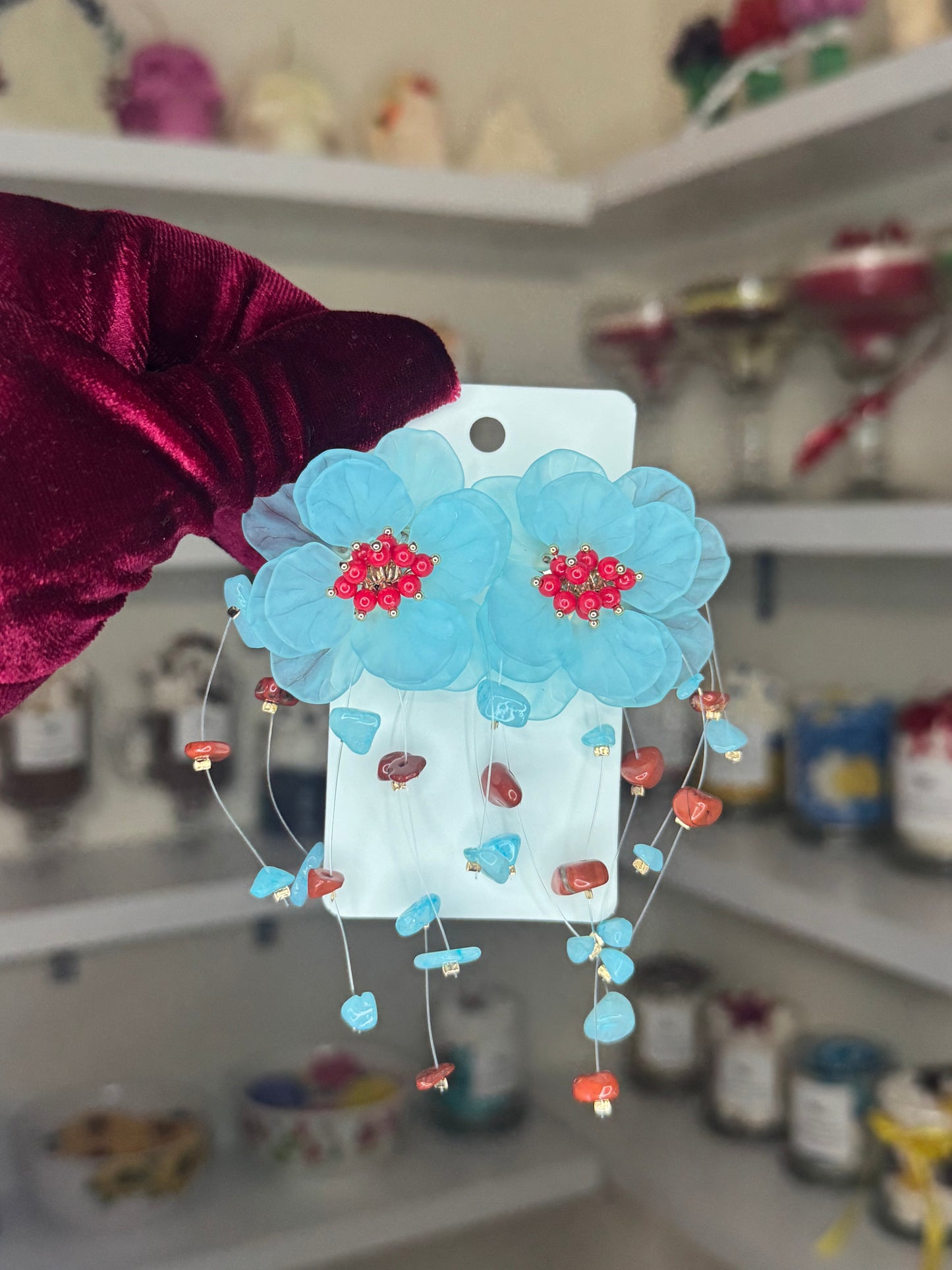 Blue and red floral earrings