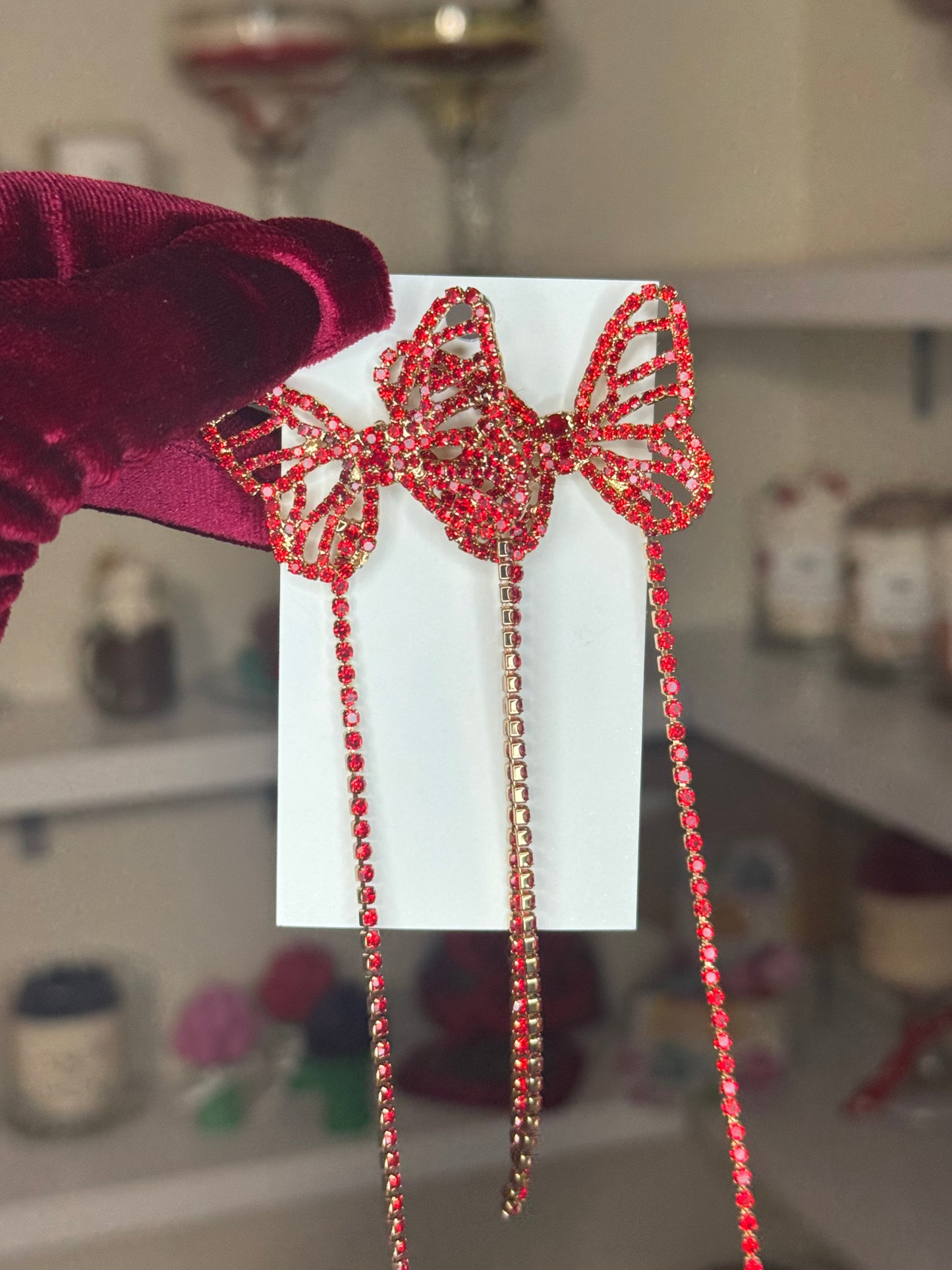 Red rhinestone butterfly earrings