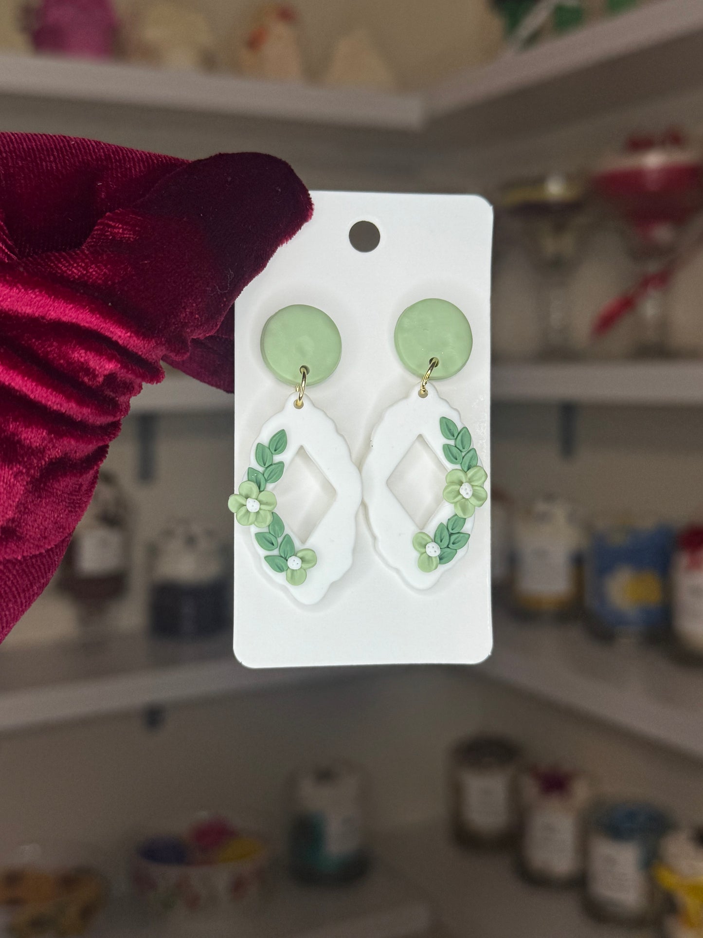 Green floral clay earrings
