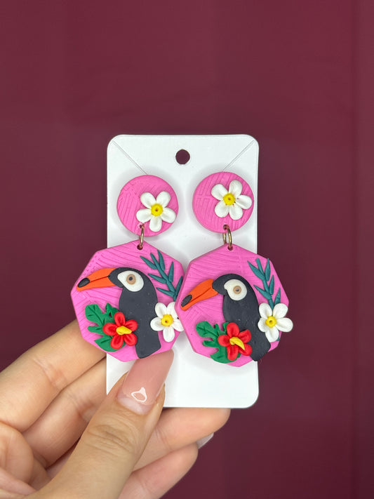 Floral toucan clay like earring