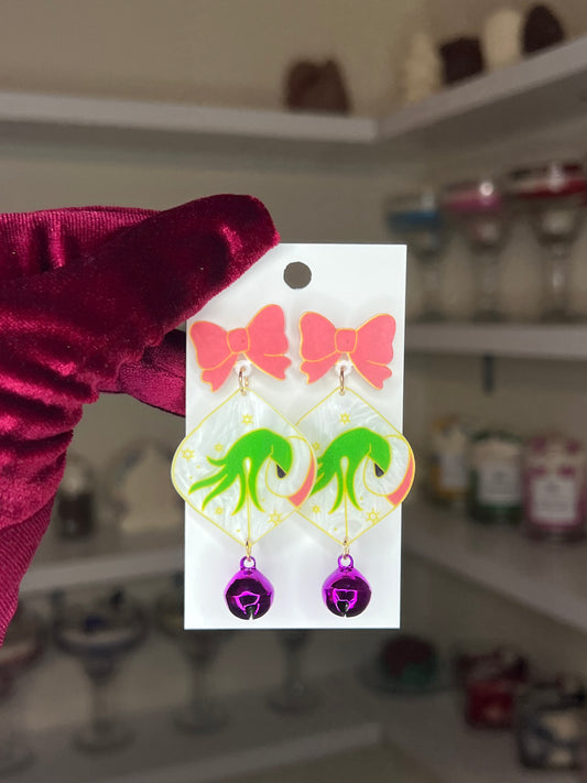 Pink grinch earrings