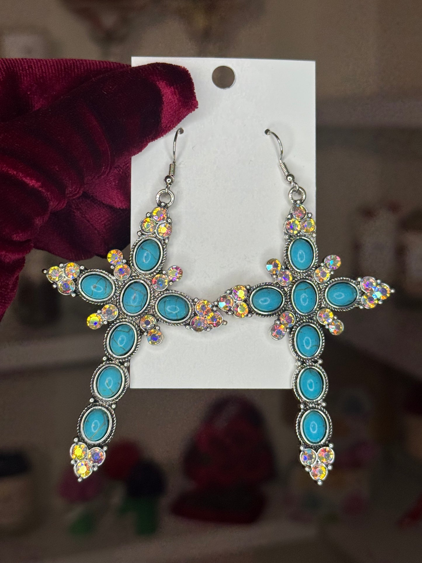 Rhinestone turquoise cross earrings ￼