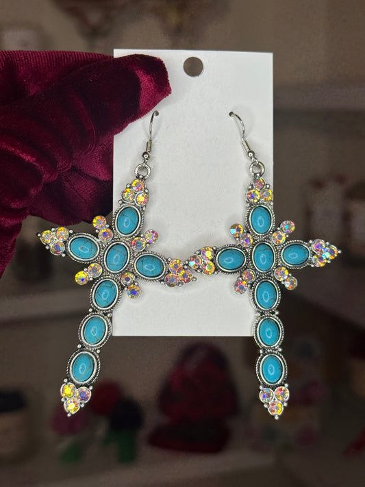 Rhinestone turquoise cross earrings ￼